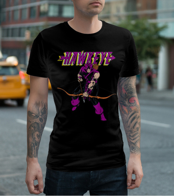Marvel Hawkeye Classic Purple Pose Drawing Bow And Arrow T-Shirt