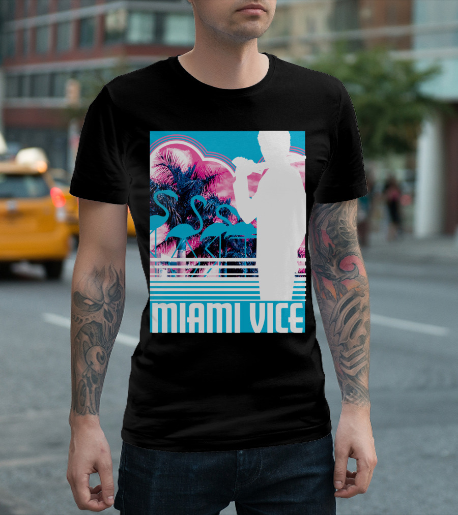 Miami Vice Neon Flamingo Silhouette Tropical T-Shirt