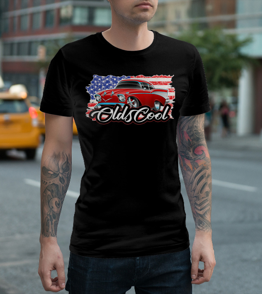 Olds Cool Classic Car 1957 American Flag Graphics T-Shirt