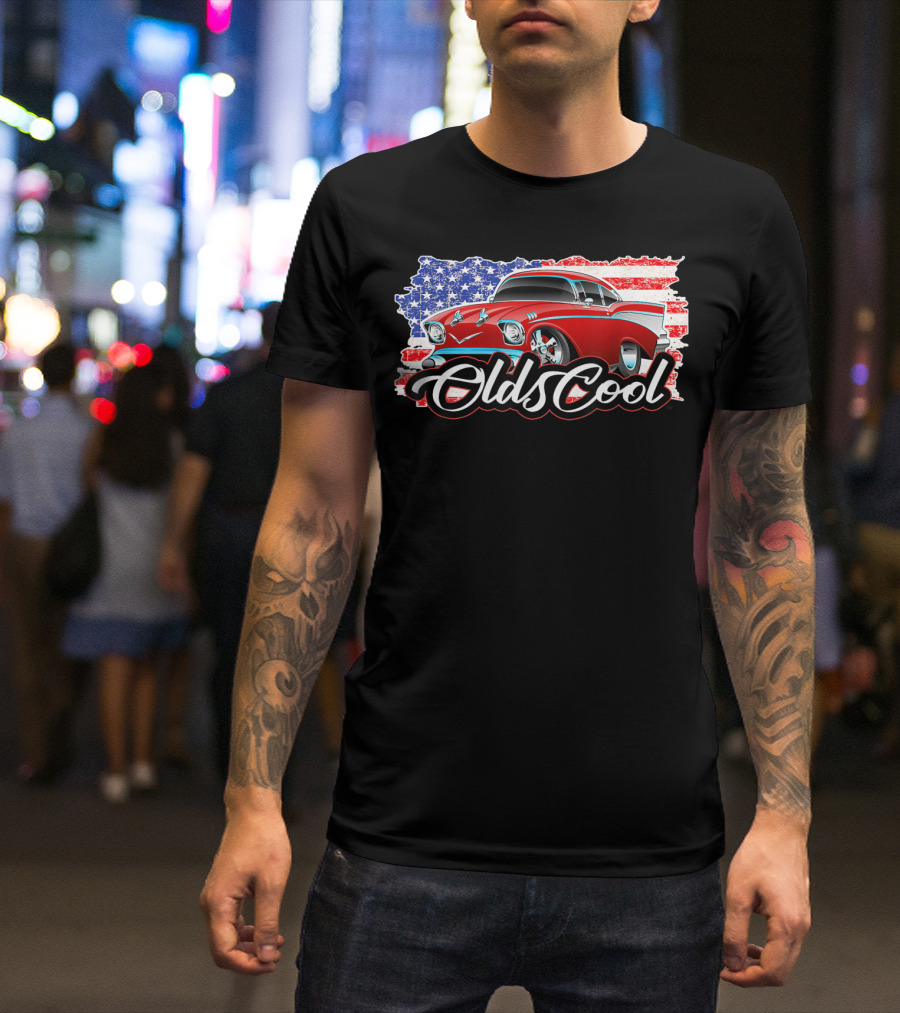 Olds Cool Classic Car 1957 American Flag Graphics T-Shirt