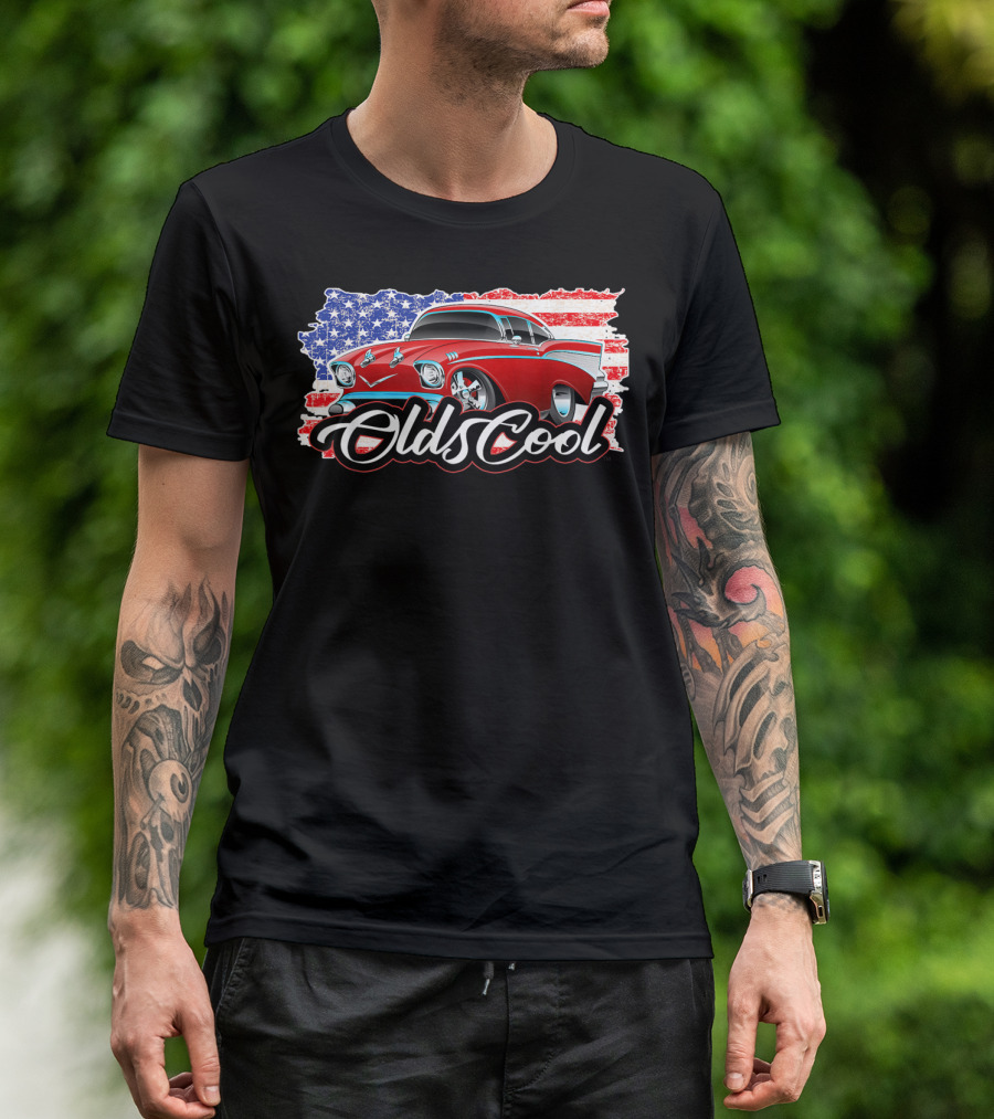 Olds Cool Classic Car 1957 American Flag Graphics T-Shirt