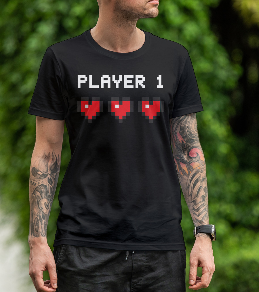 Player 1 Pixel Hearts Retro Gaming T-Shirt