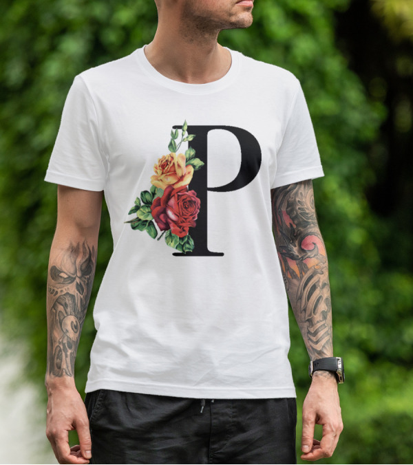 Initial Rose Floral Monogram Letter P With Red And Yellow Roses T-Shirt