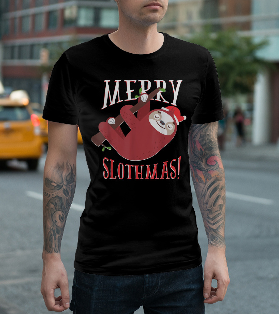 Merry Slothmas Santa Hat Sloth Holiday Greeting T-Shirt