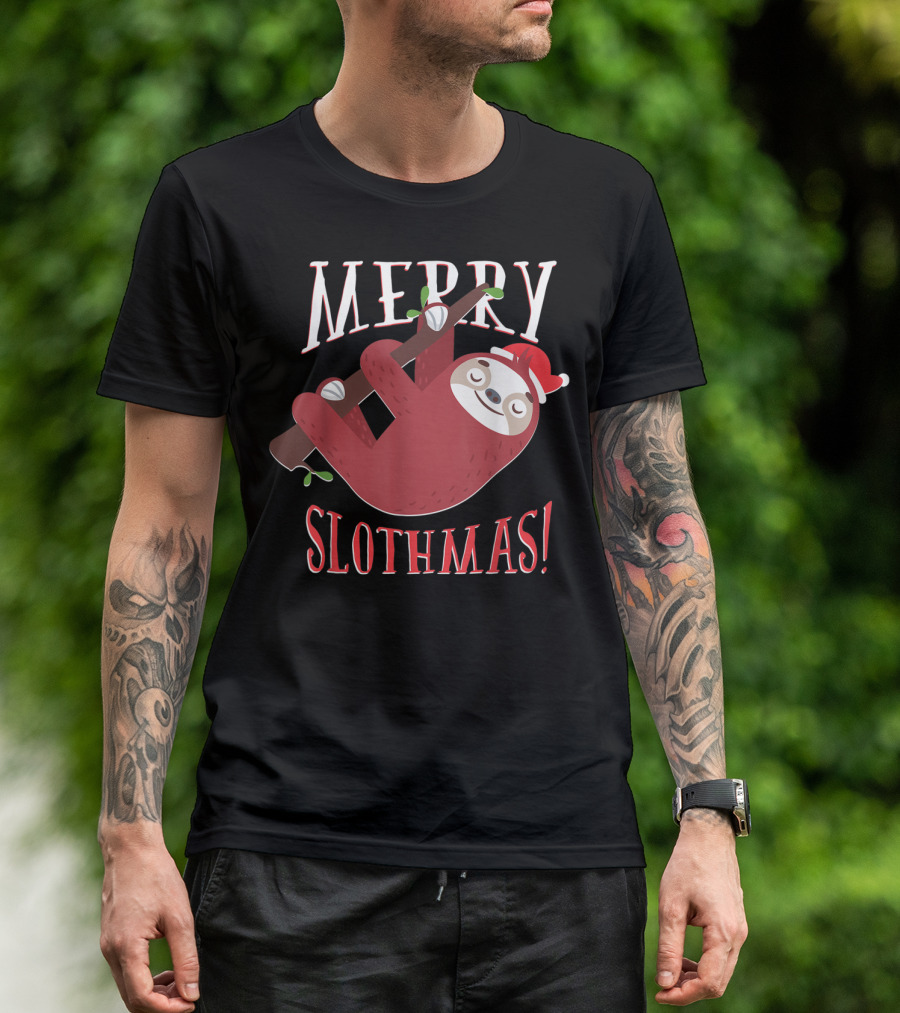 Merry Slothmas Santa Hat Sloth Holiday Greeting T-Shirt