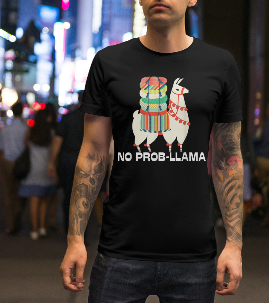 No Prob-Llama Cute Llama Alpaca Lover With Colorful Blanket T-Shirt