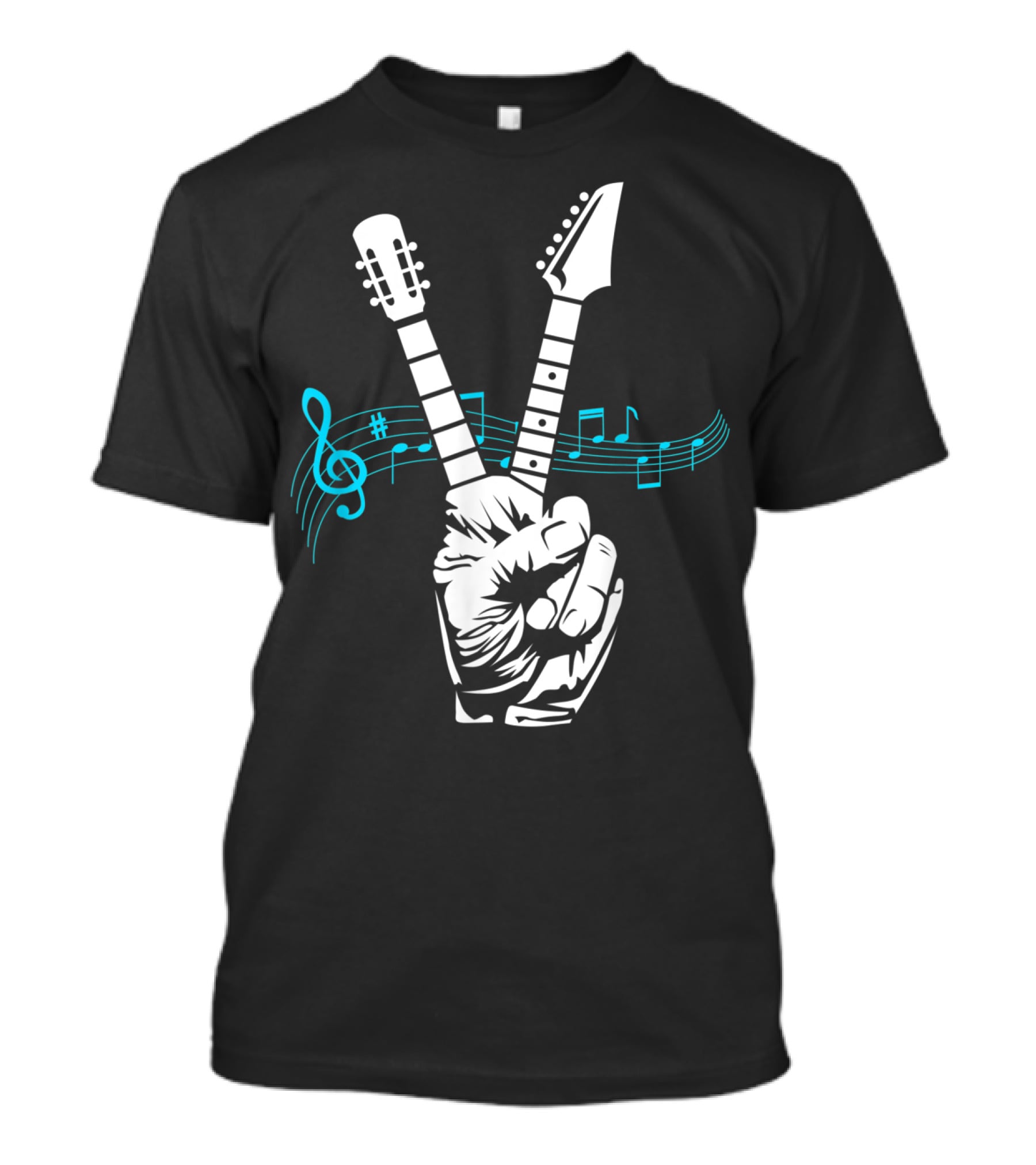Peace Sign Guitar Neck Fingers And Musical Notes T-Shirt