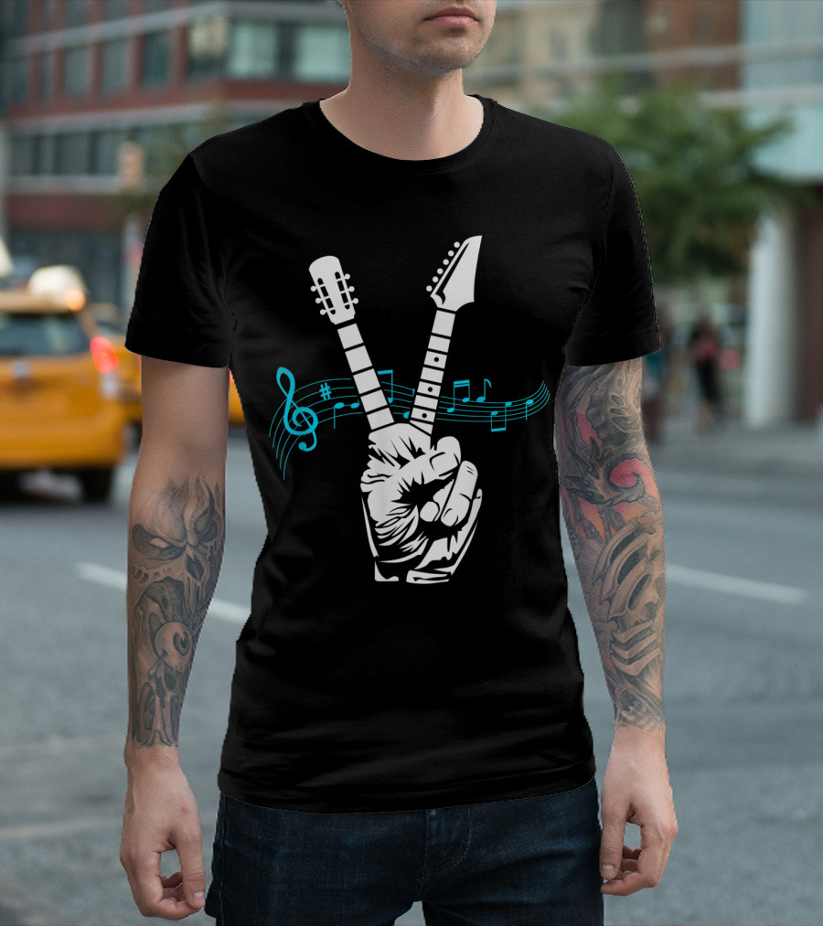 Peace Sign Guitar Neck Fingers And Musical Notes T-Shirt