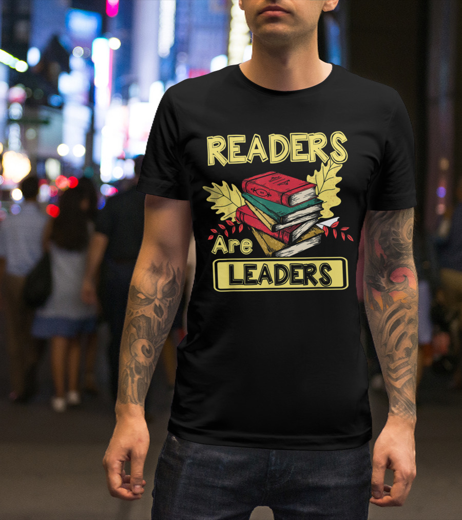 READERS ARE LEADERS BOOKS WITH FALL LEAVES STACKED T-Shirt