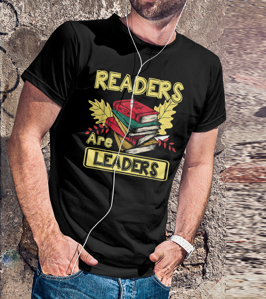 READERS ARE LEADERS BOOKS WITH FALL LEAVES STACKED T-Shirt