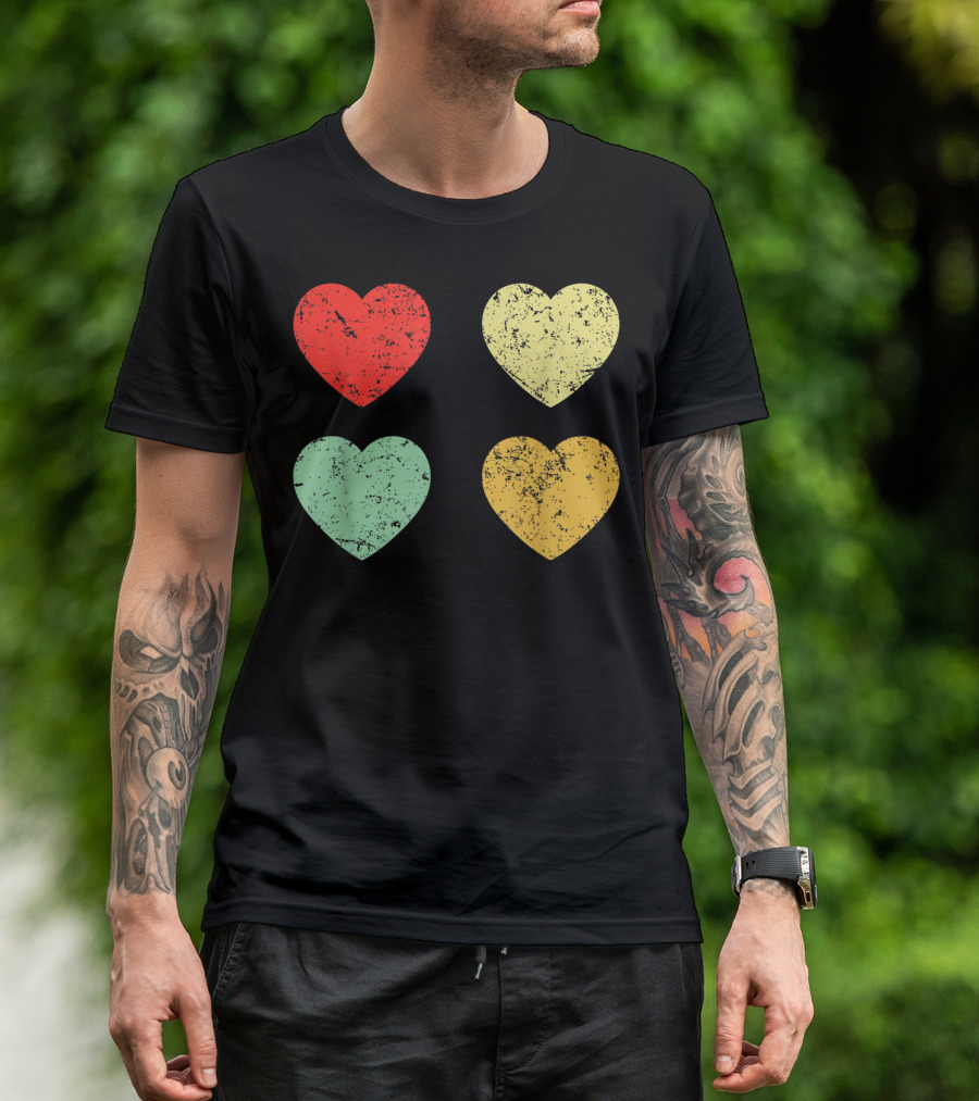 Retro Vintage Hearts Valentines Day Four Colorful Grunge Hearts T-Shirt