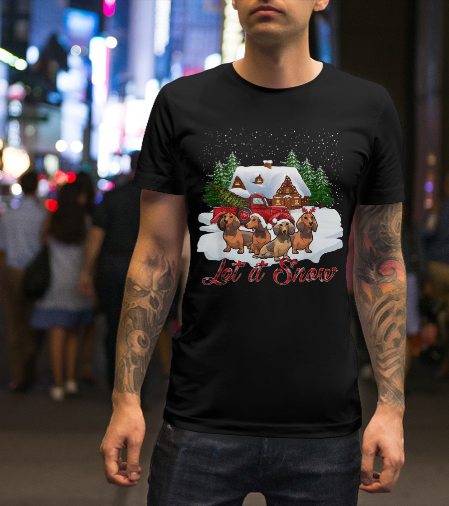 Santa Dachshund Let It Snow With Snowy Cabin And Red Truck T-Shirt