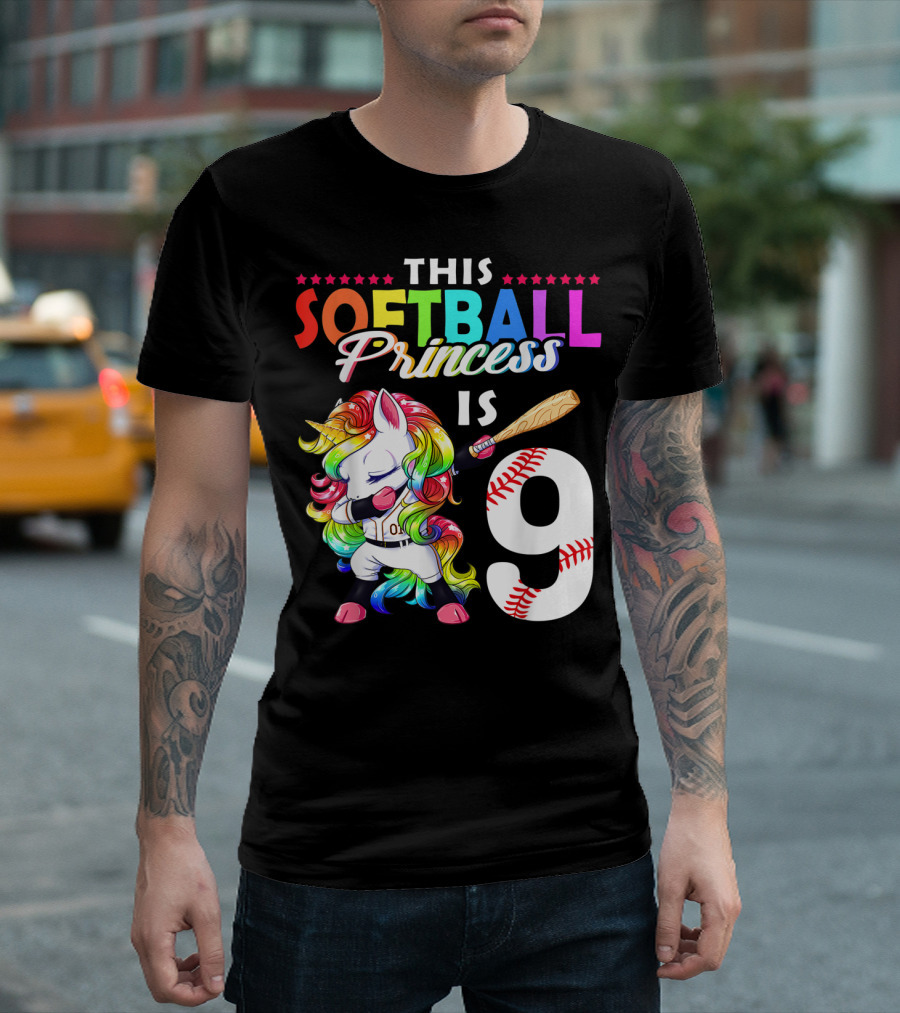 This Softball Princess Is 9 Unicorn Birthday Rainbow Bat T-Shirt