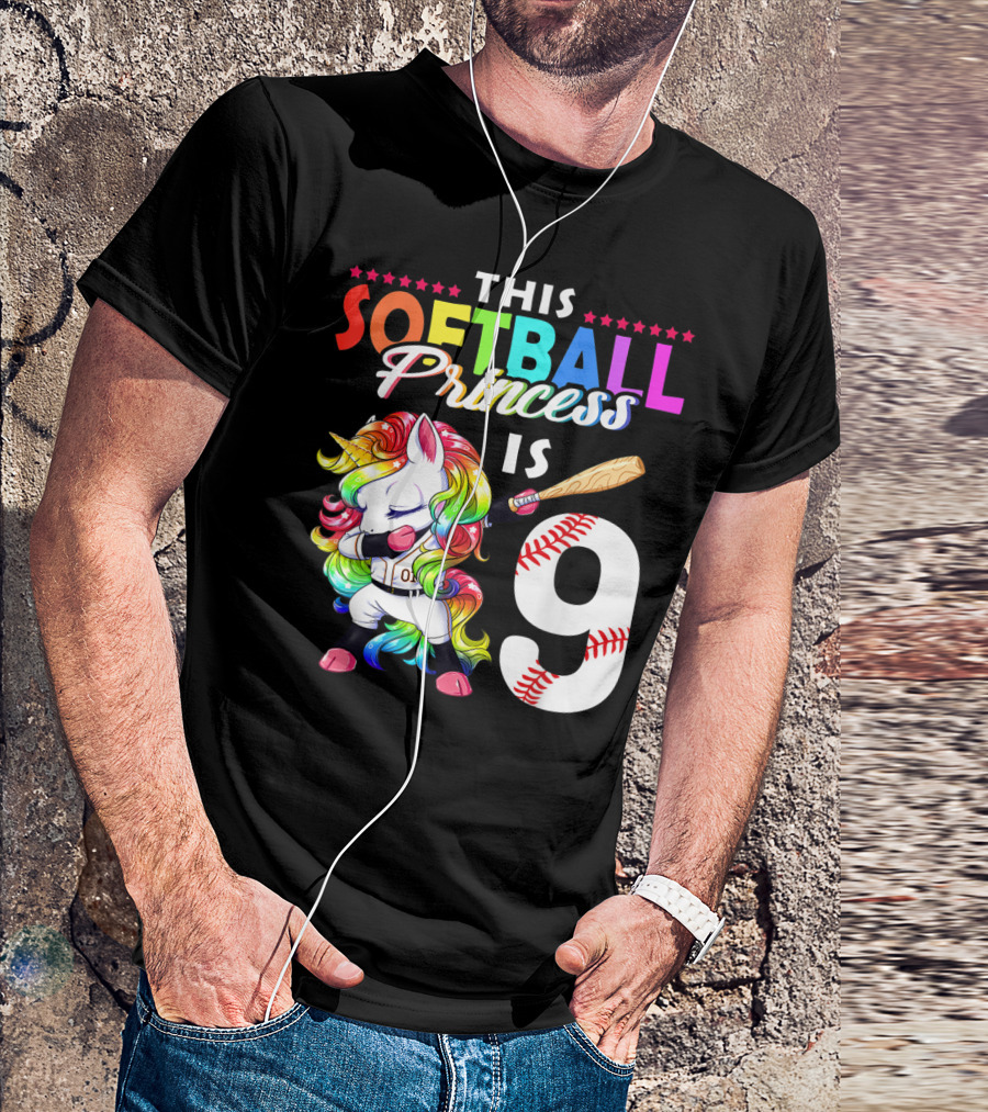 This Softball Princess Is 9 Unicorn Birthday Rainbow Bat T-Shirt