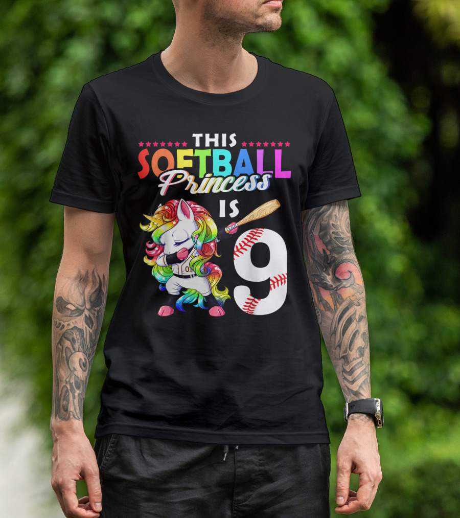 This Softball Princess Is 9 Unicorn Birthday Rainbow Bat T-Shirt