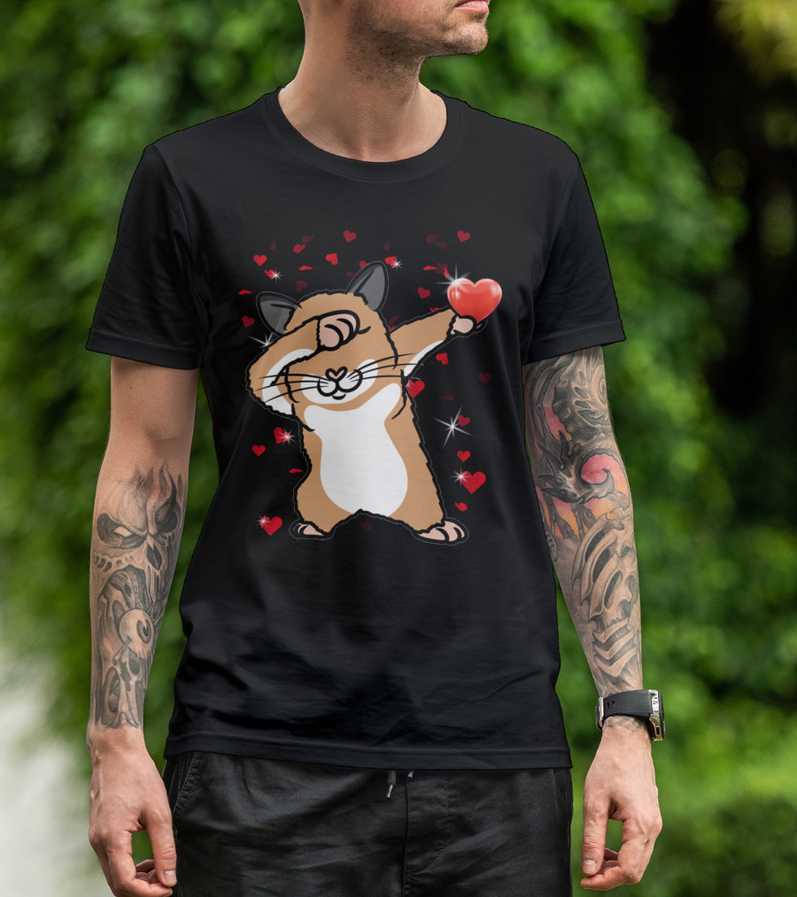 Valentine Girls Cute Dabbing Hamster With Heart And Sparkling Red Hearts T-Shirt