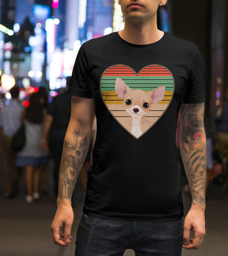 Vintage Chihuahua Heart Striped Retro Heart-Shaped T-Shirt