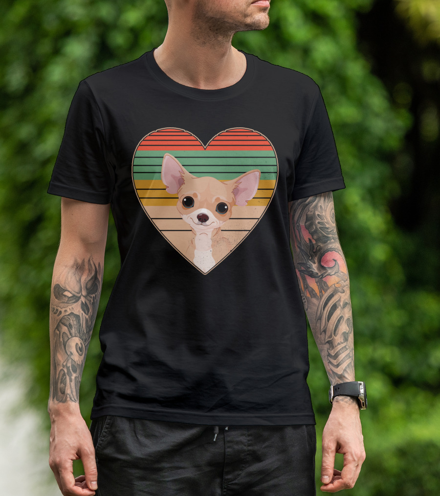 Vintage Chihuahua Heart Striped Retro Heart-Shaped T-Shirt