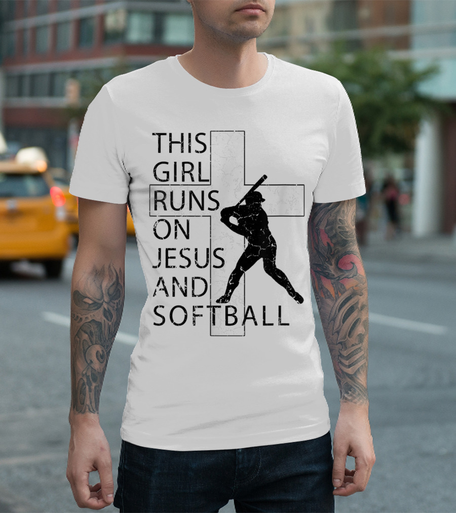 This Girl Runs On Jesus And Softball Silhouette With Cross T-Shirt