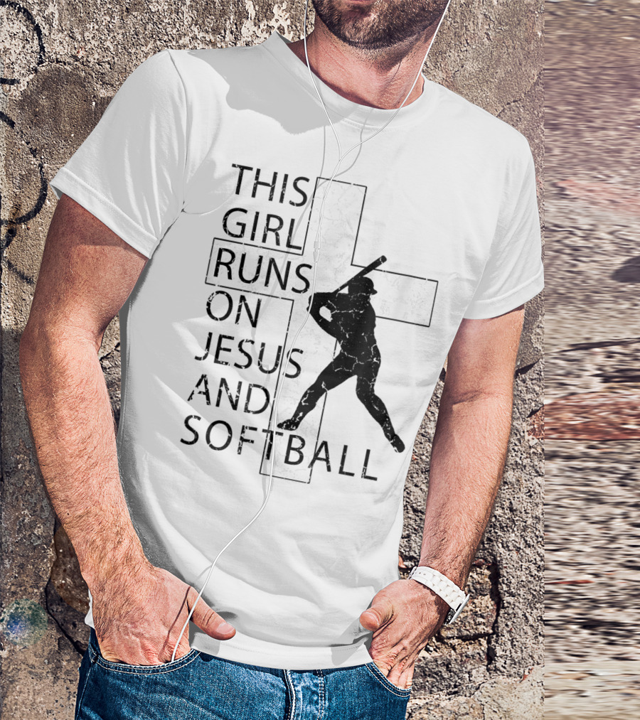 This Girl Runs On Jesus And Softball Silhouette With Cross T-Shirt