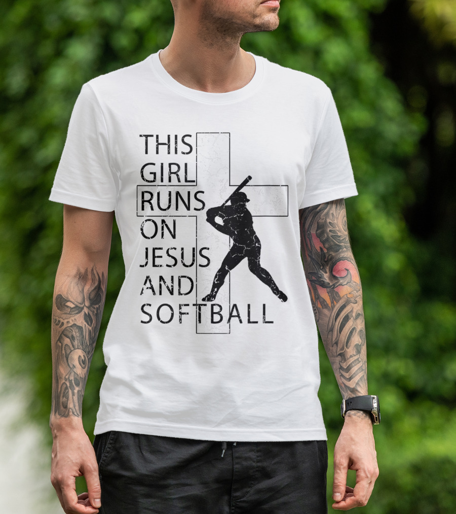This Girl Runs On Jesus And Softball Silhouette With Cross T-Shirt