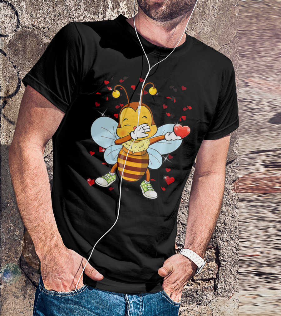 Valentine Bee Dabbing Holding Heart Surrounded By Hearts And Stars T-Shirt