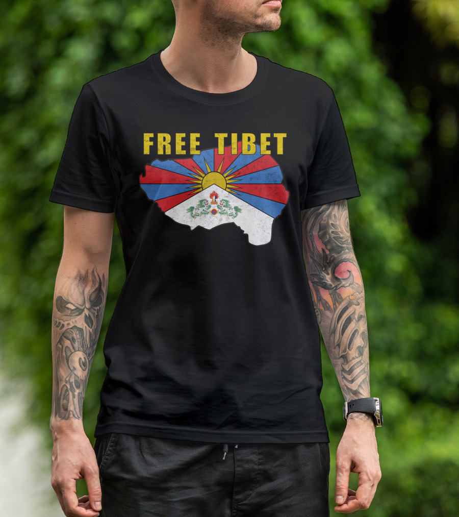 Free Tibet Flag With Sunrise Symbol Map T-Shirt