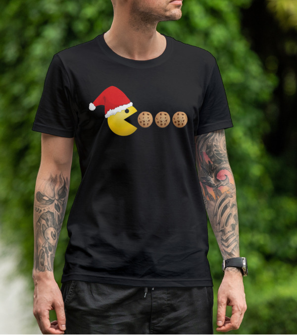 Funny Christmas Santa Pac-Man Cookies Classic Video Game T-Shirt