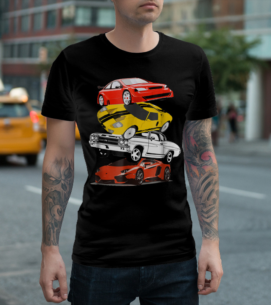 Funny Classic Cars Stacked Red Yellow Black White Racing Cars T-Shirt