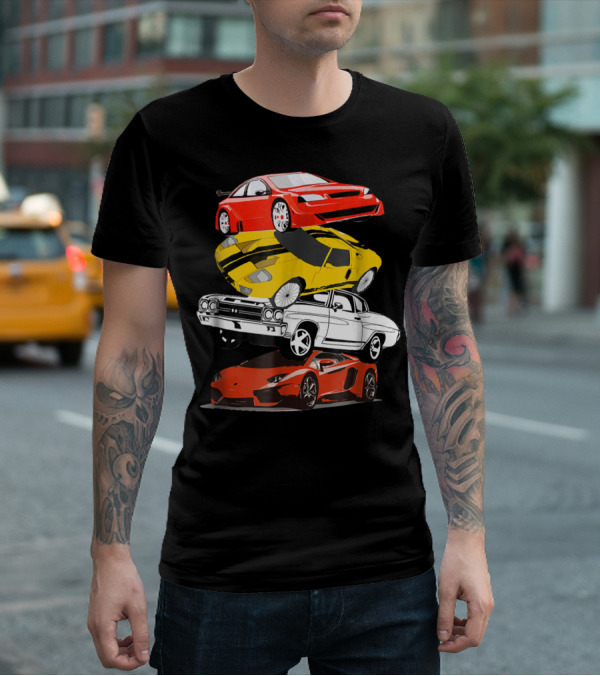 Funny Classic Cars Stacked Red Yellow Black White Racing Cars T-Shirt