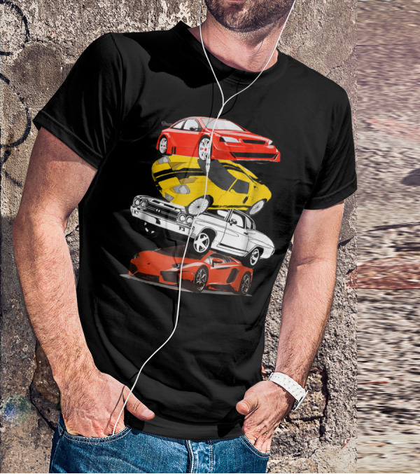 Funny Classic Cars Stacked Red Yellow Black White Racing Cars T-Shirt