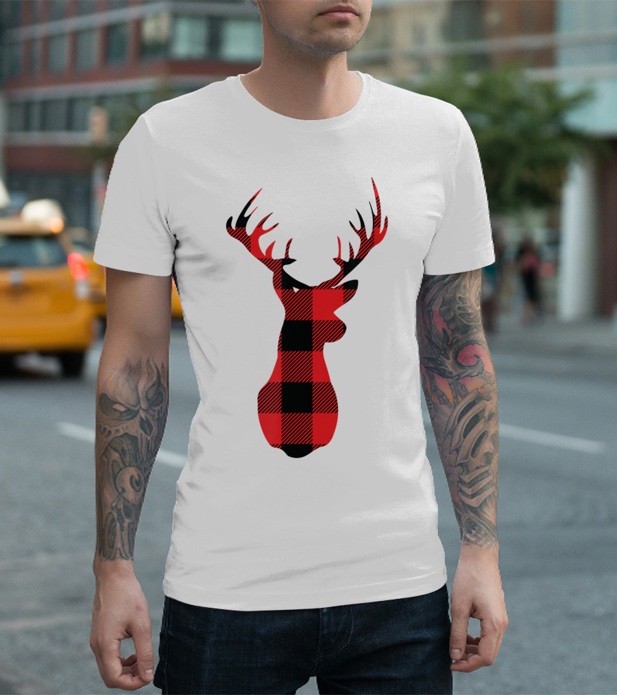 Buffalo Plaid Red Black Christmas Deer T-Shirt