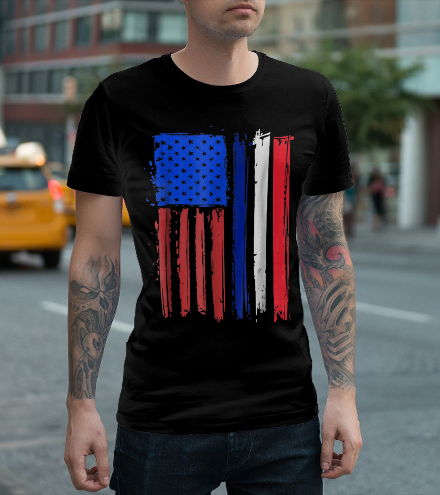 Half French American Flag Classic Patriot Stars and Stripes Paint T-Shirt