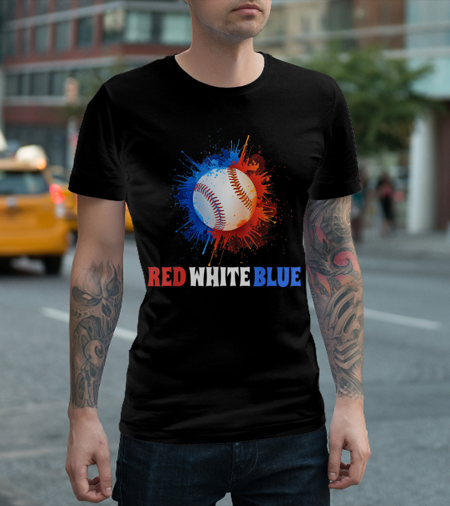 Red White Blue Baseball Splash USA 4th July Patriotic T-Shirt
