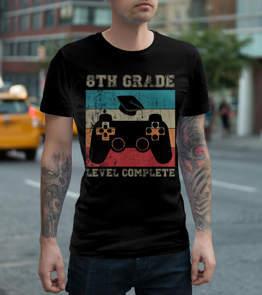 8th Grade Graduation Level Complete Video Game Controller Retro Stripes T-Shirt