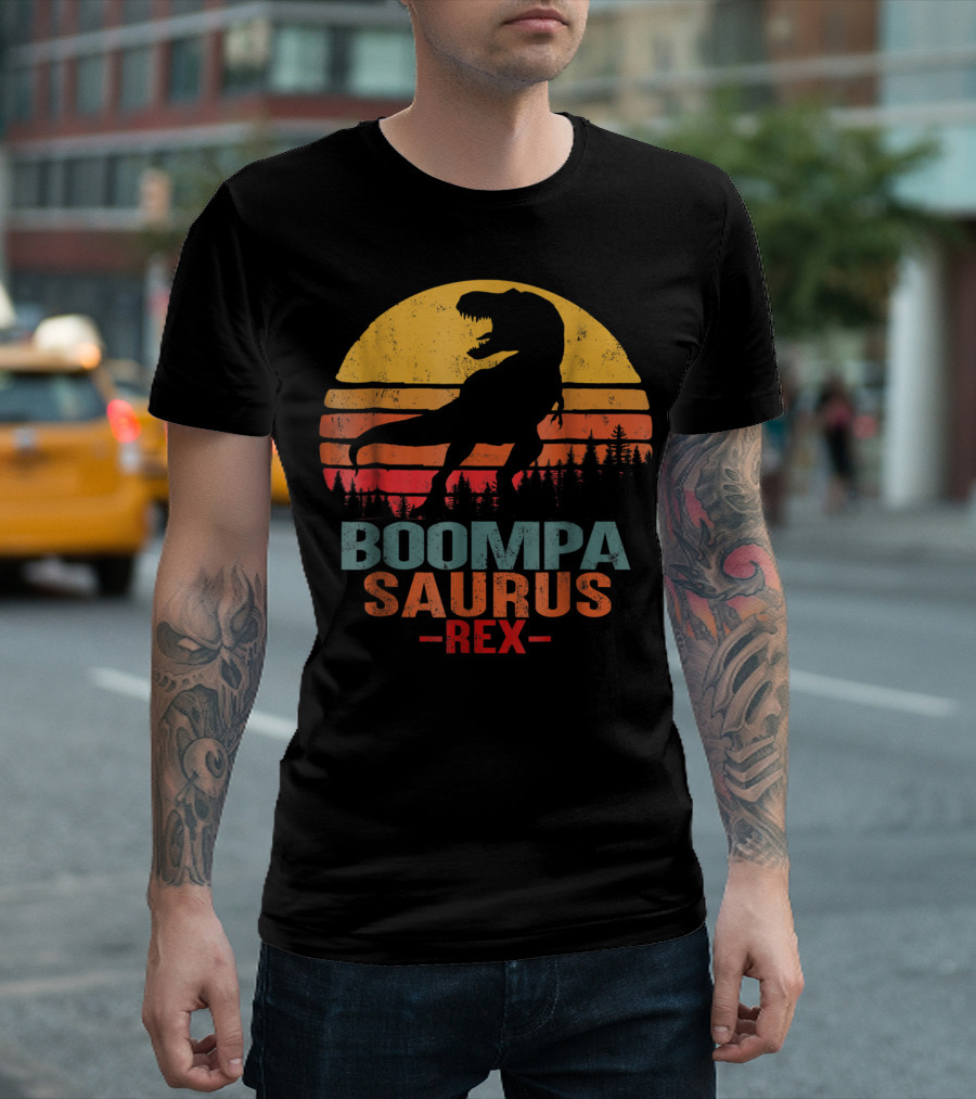 Boompasaurus Rex Dinosaur Silhouette with Sunset Background T-Shirt