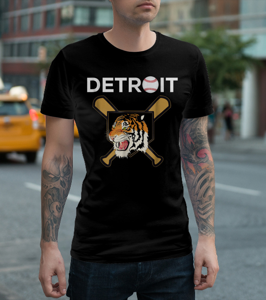 Detroit Baseball Tiger Mascot with Crossed Bats T-Shirt