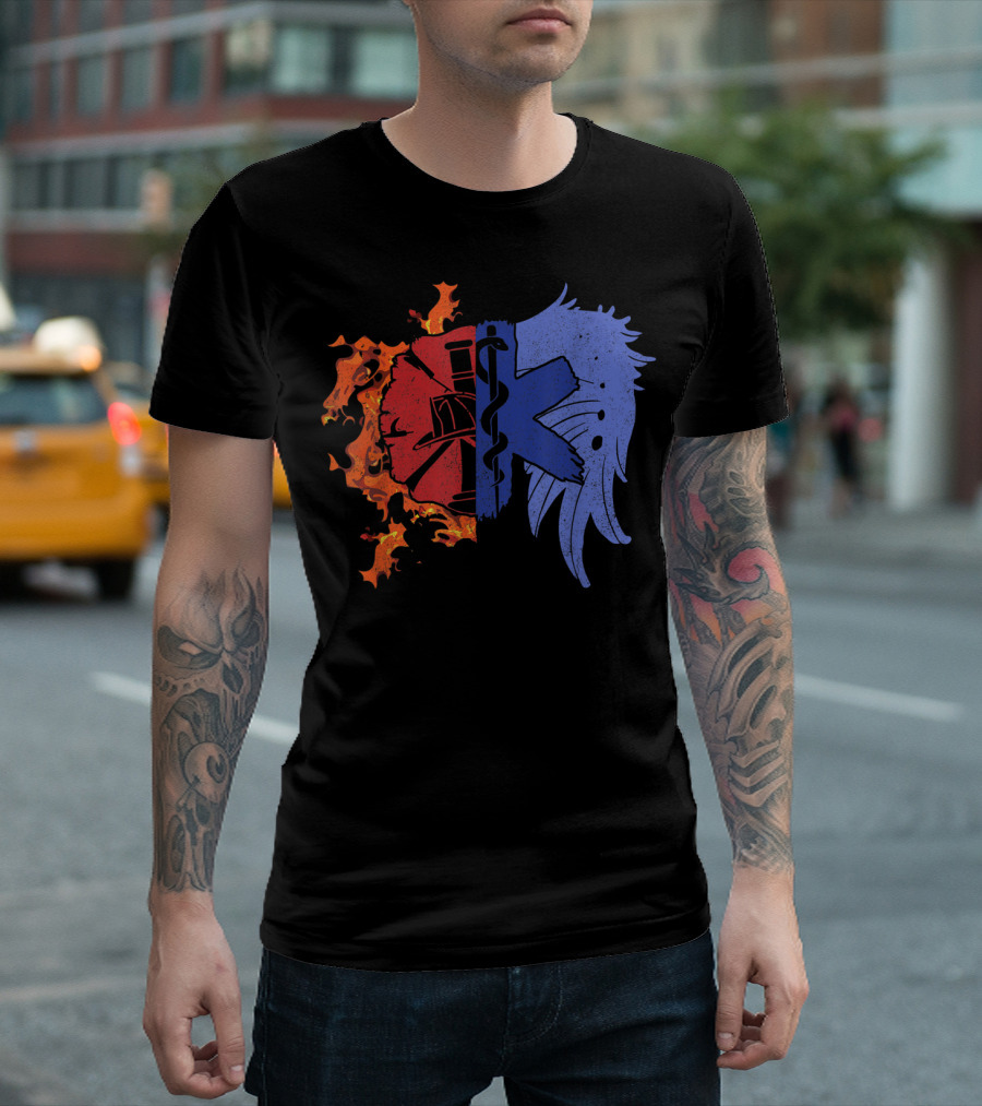Firefighter EMT EMS Wing Flaming Helmet and Blue Star of Life Wing T-Shirt