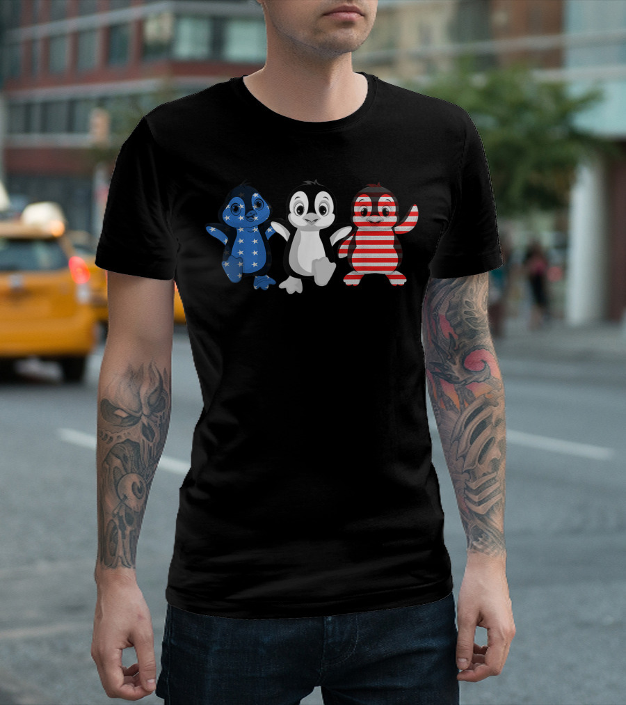 Patriotic Penguins Blue White Red US Flag 4th July T-Shirt