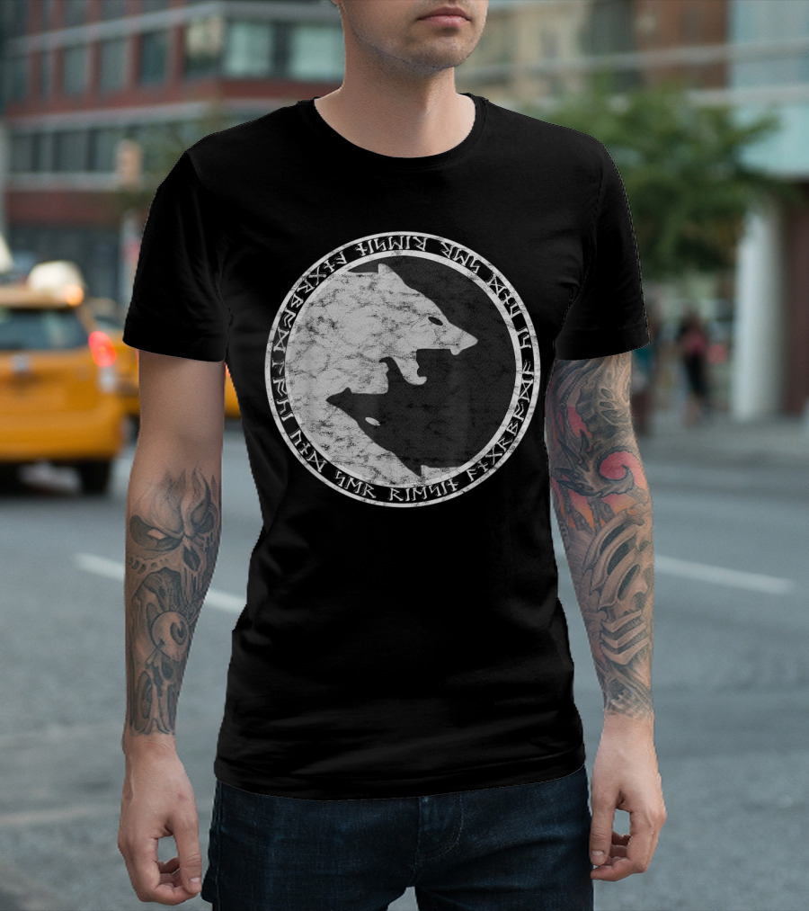 Fenrir Wolf Of Odin Norse Runes Shadow Circle T-Shirt