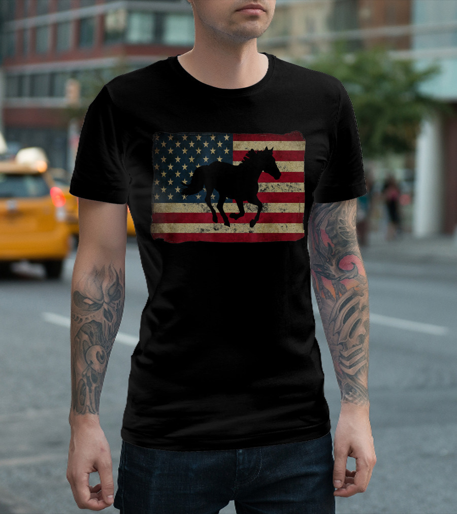 American Flag Black Horse Silhouette T-Shirt