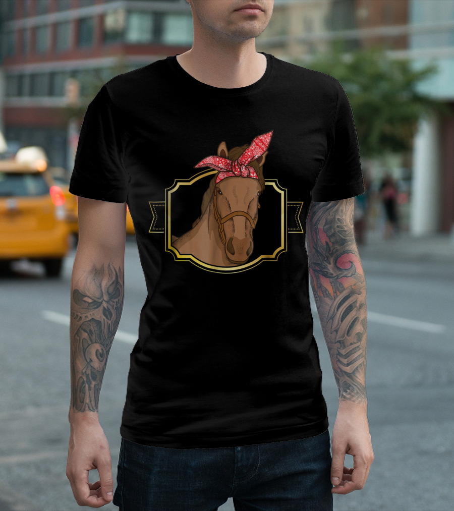 Bandana Horse Wearing Red Head Wrap Equestrian Horseback Riding T-Shirt