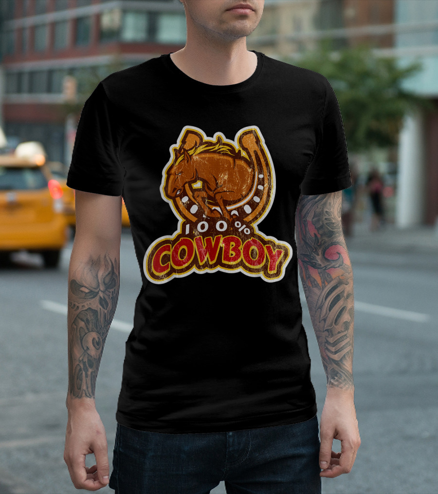 100% Cowboy Brown Horse Horseshoe T-Shirt
