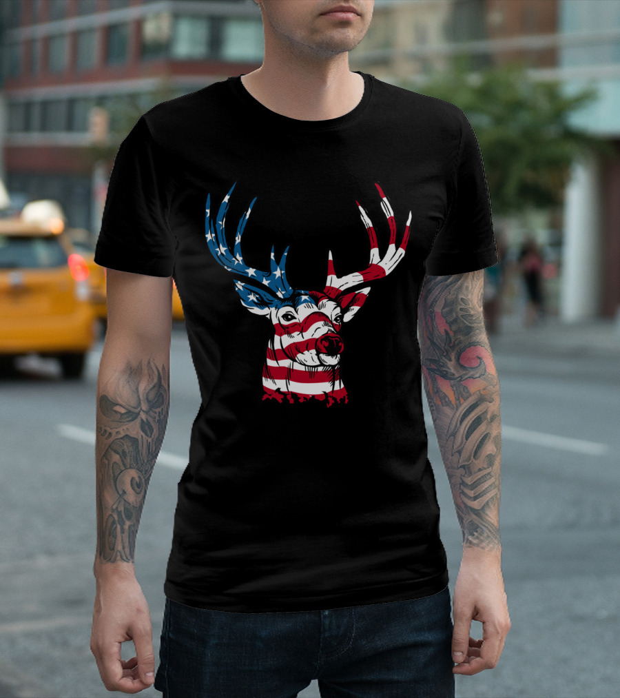American Flag Deer Head Patriotic 4th Of July Gear T-Shirt