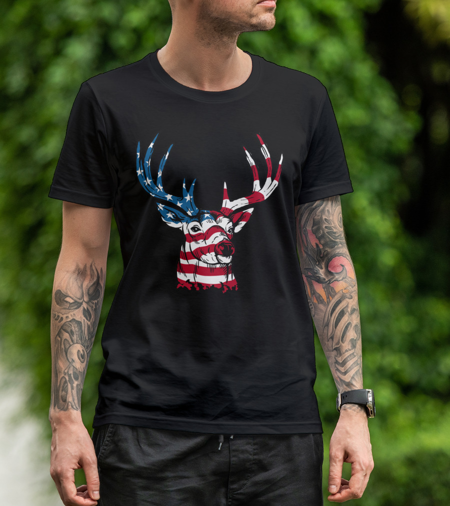 American Flag Deer Head Patriotic 4th Of July Gear T-Shirt
