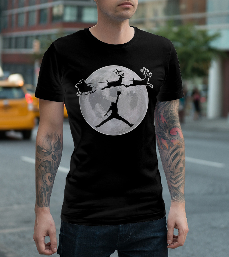 Basketball Christmas Coach Moon Silhouette with Reindeer and Sleigh T-Shirt