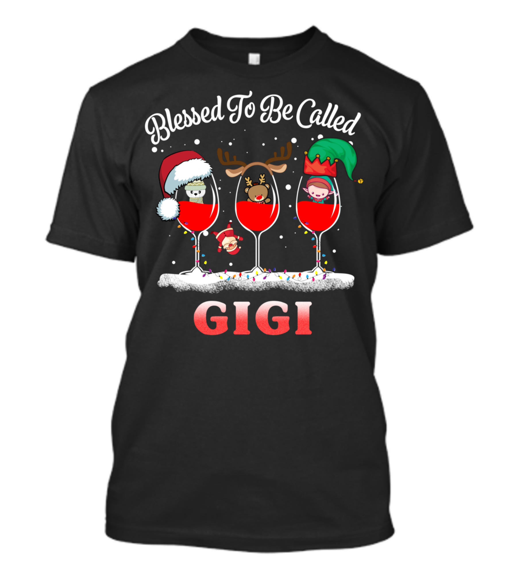 Blessed To Be Called Gigi Christmas Wine Glasses Santa Reindeer Elf T-Shirt