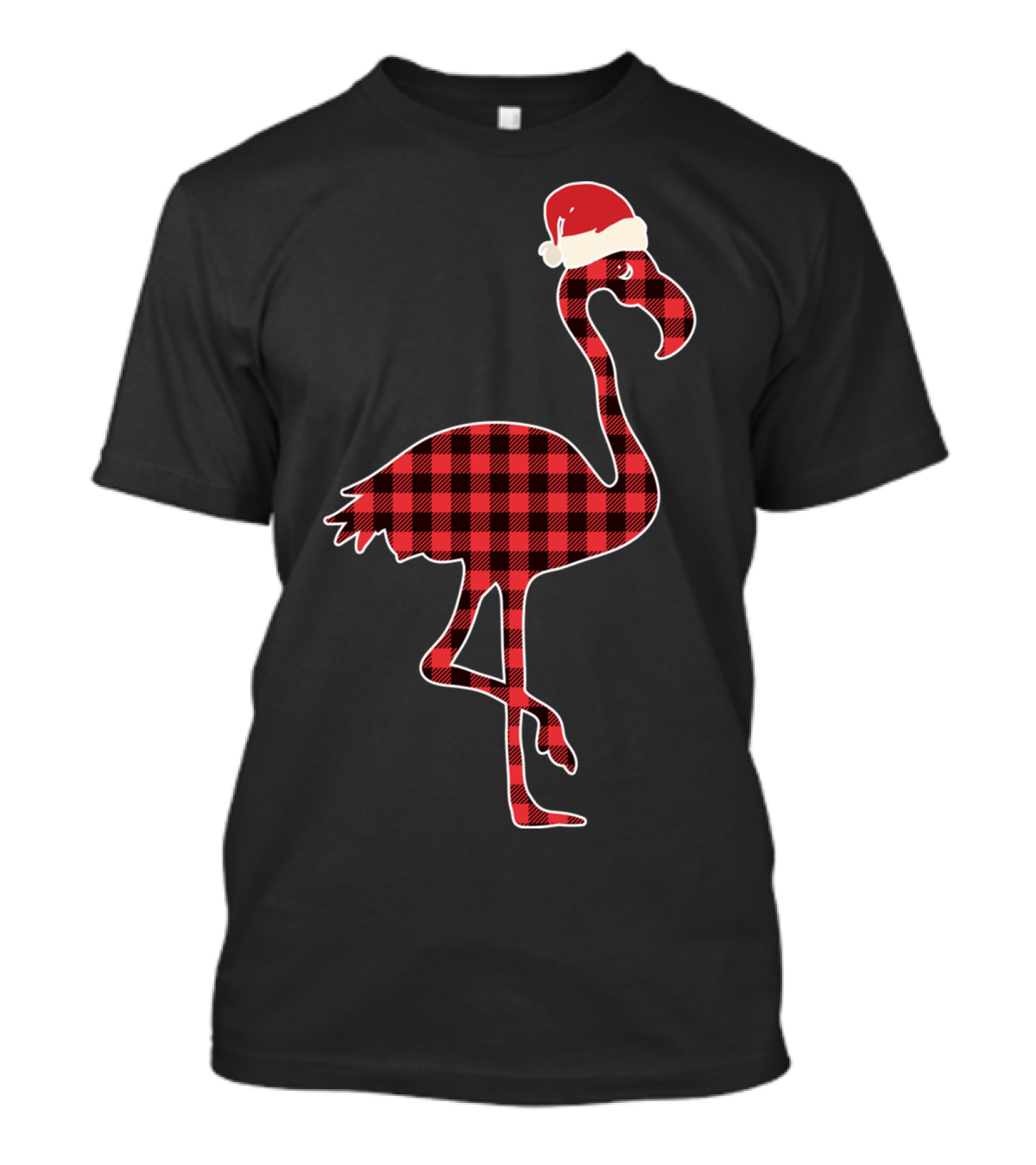 Christmas Flamingo Santa Hat Red Plaid Buffalo T-Shirt