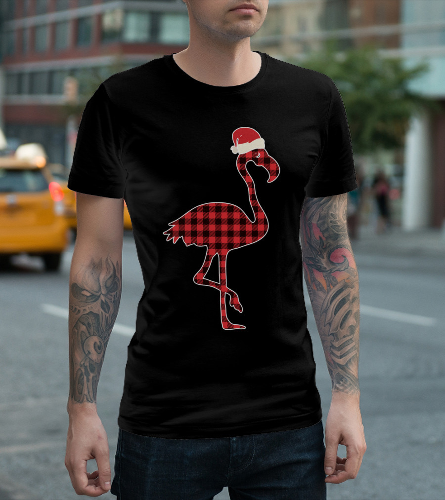 Christmas Flamingo Santa Hat Red Plaid Buffalo T-Shirt