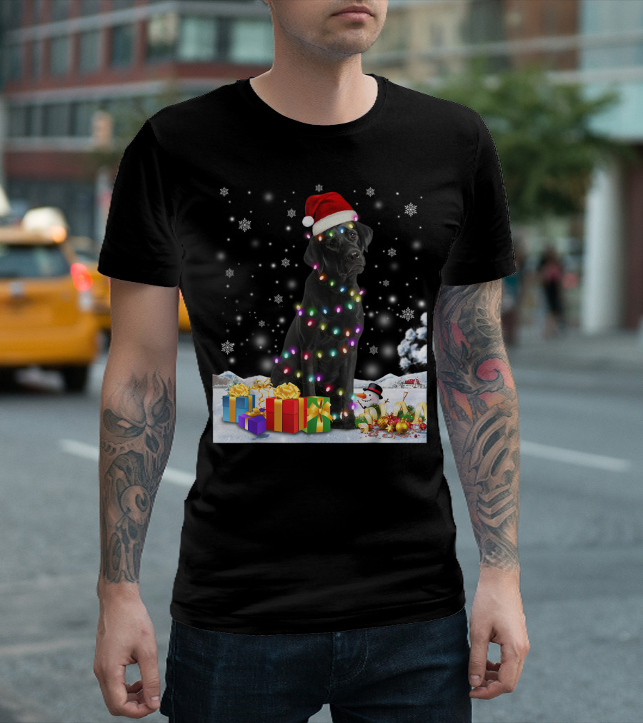 Flat Coated Retriever Christmas Lights Snowman Gifts Snowflakes Santa Hat T-Shirt